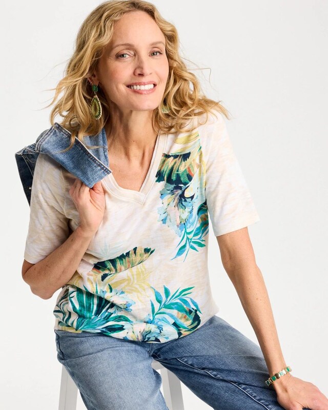 Printed Cotton Slub V-Neck Tee - image 2